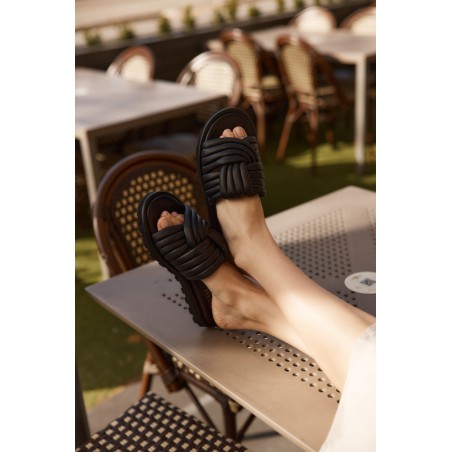 Limited Time Offer Weston Footbed Slides - Black Leather