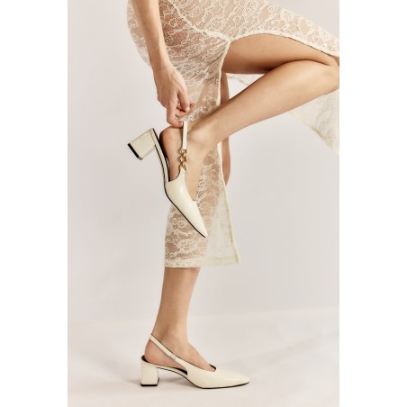 Limited Time Offer Renee Slingback Block Heels - Chalk White Patent Leather Hot New Item