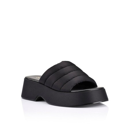 Limited Time Offer Scorpio Flatform Slides - Black Satin Available for Immediate Shipping