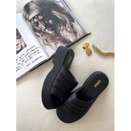 Limited Time Offer Scorpio Flatform Slides - Black Satin Available for Immediate Shipping