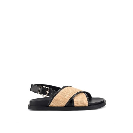 Limited Time Offer Laguna Footbed Sandals - Black Leather and Natural Raffia New Release