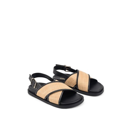 Limited Time Offer Laguna Footbed Sandals - Black Leather and Natural Raffia New Release